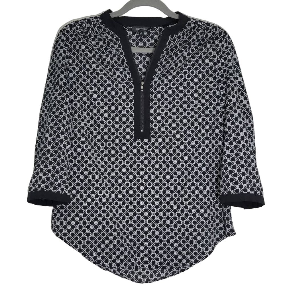 spense women black white geometric print 3/4 sleeve zip neck tunic blouse top S